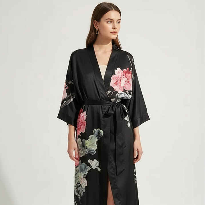 Langer floraler Kimono-Bademantel mit Dreiviertelsärmeln