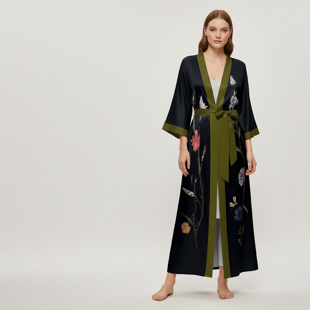 Langer floraler Kimono-Bademantel mit Dreiviertelsärmeln