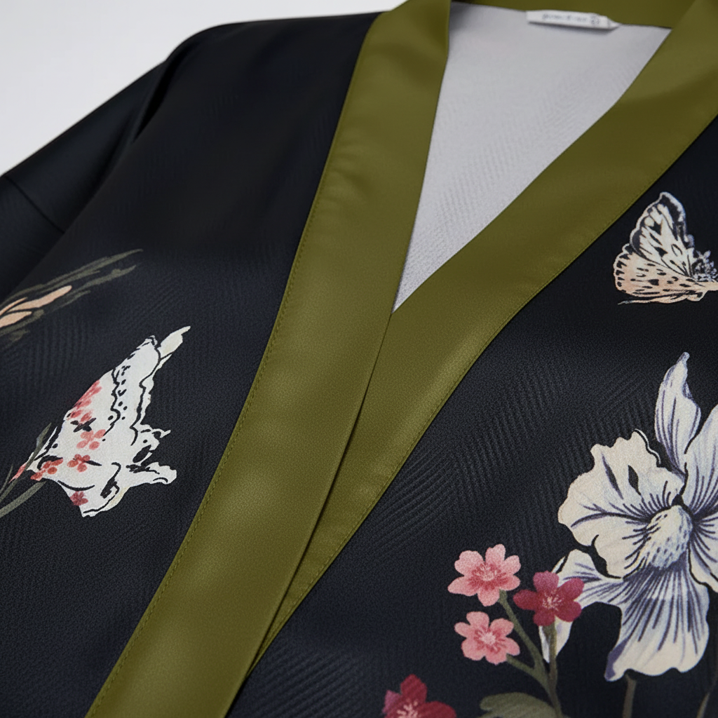 Langer floraler Kimono-Bademantel mit Dreiviertelsärmeln