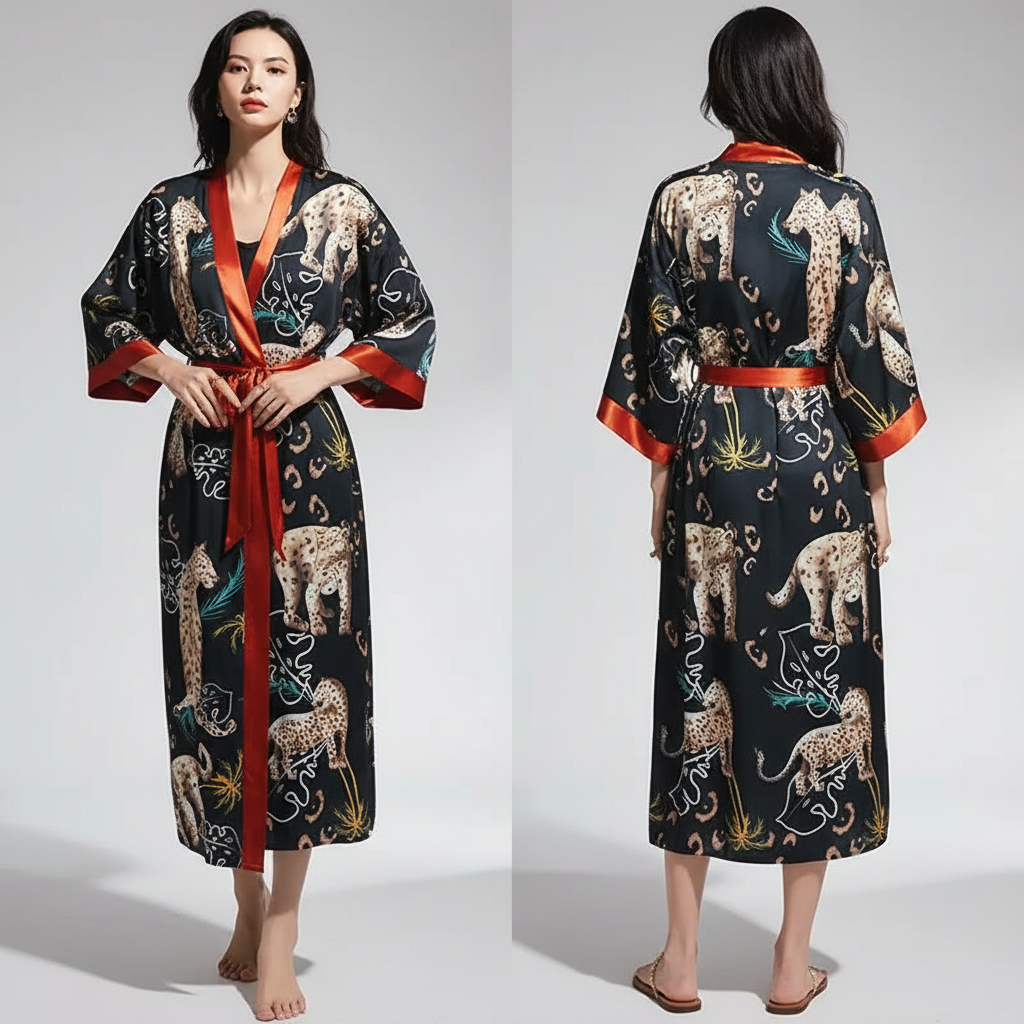 Langer floraler Kimono-Bademantel mit Dreiviertelsärmeln