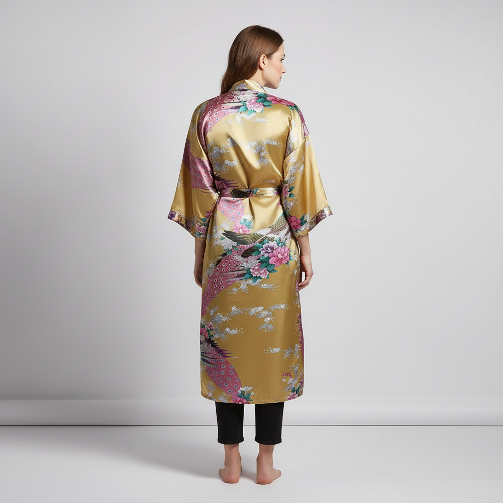 Kurzer Blüten-Kimono-Bademantel mit zartem Glanzfinish und knielangem Schnitt