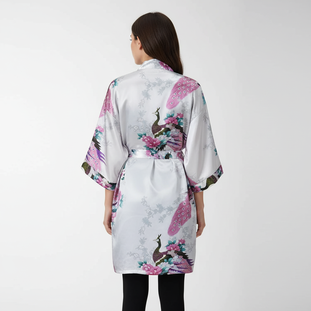 Kurzer Blüten-Kimono-Bademantel mit zartem Glanzfinish und knielangem Schnitt