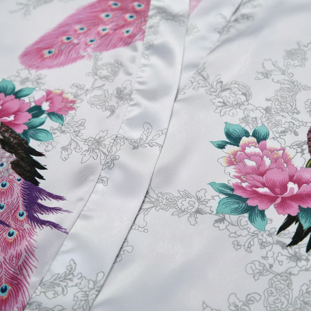 Kurzer Blüten-Kimono-Bademantel mit zartem Glanzfinish und knielangem Schnitt
