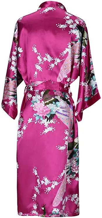 Kurzer Blüten-Kimono-Bademantel mit zartem Glanzfinish und knielangem Schnitt