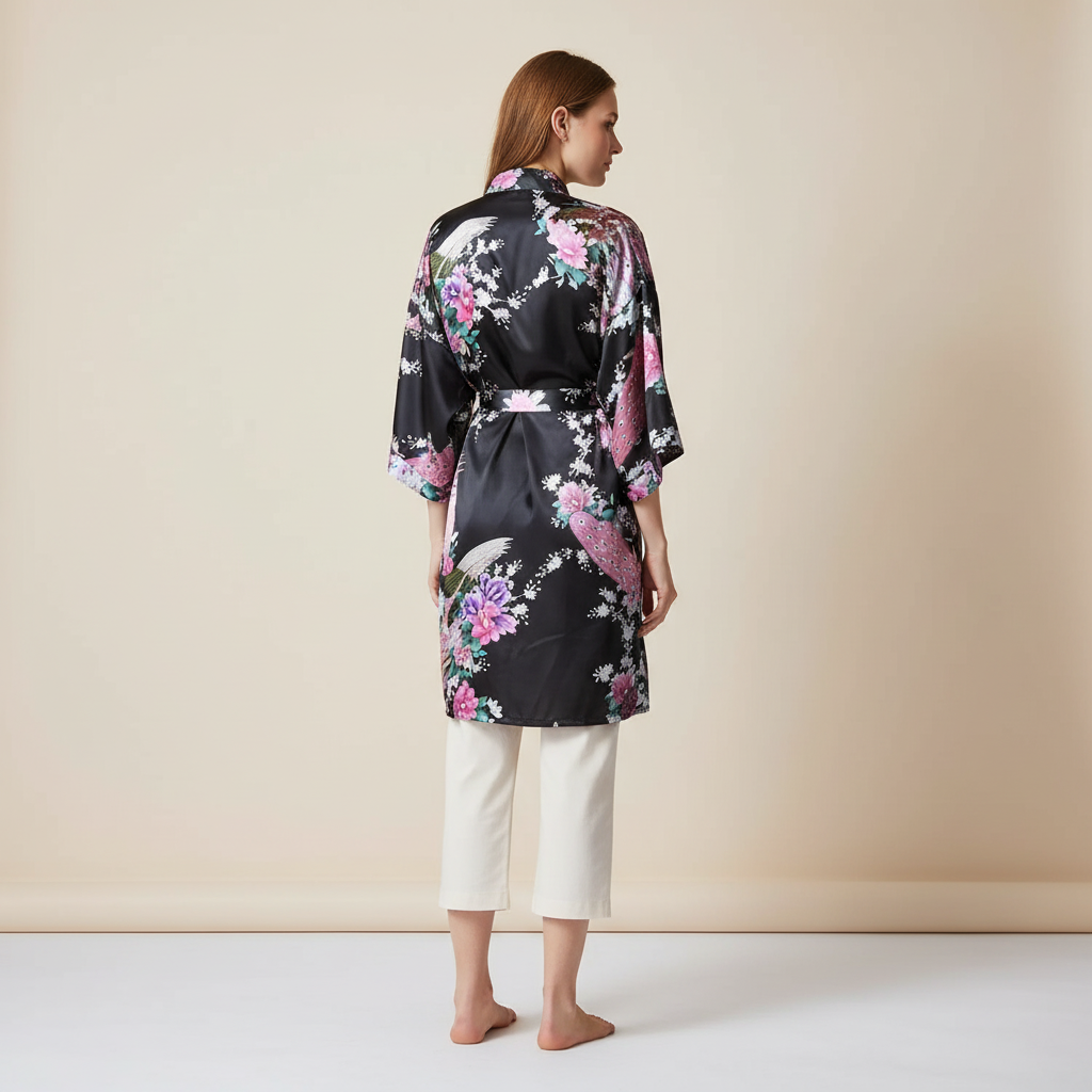 Kurzer Blüten-Kimono-Bademantel mit zartem Glanzfinish und knielangem Schnitt