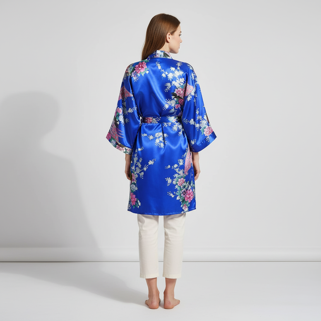 Kurzer Blüten-Kimono-Bademantel mit zartem Glanzfinish und knielangem Schnitt