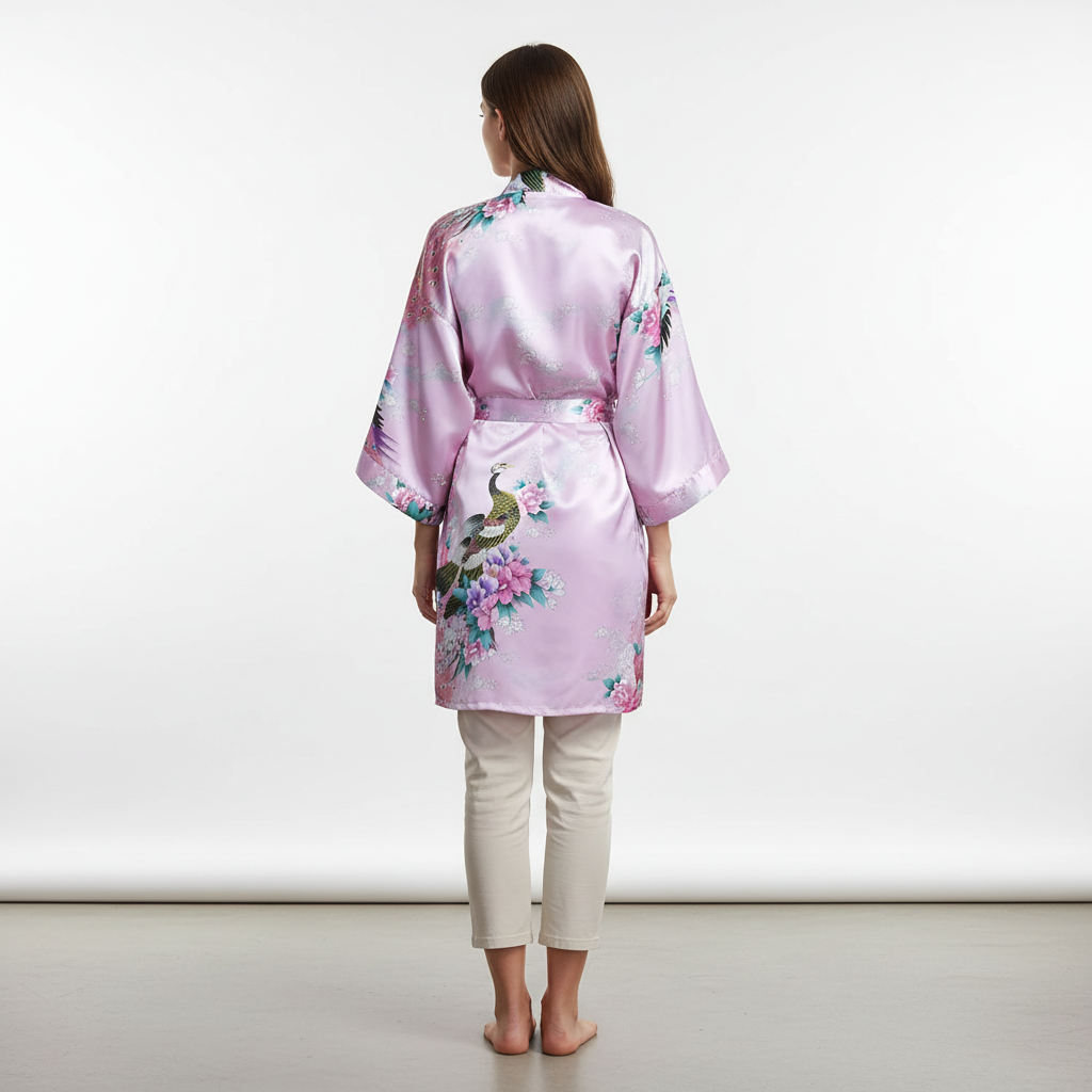 Kurzer Blüten-Kimono-Bademantel mit zartem Glanzfinish und knielangem Schnitt