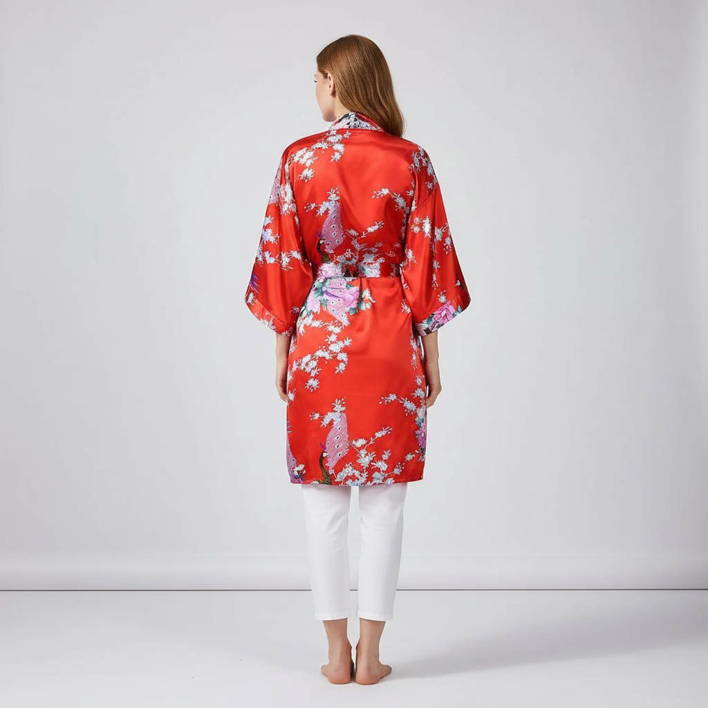 Kurzer Blüten-Kimono-Bademantel mit zartem Glanzfinish und knielangem Schnitt