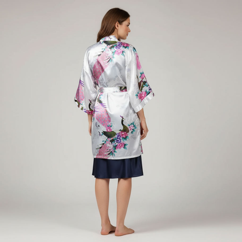 Kurzer Blüten-Kimono-Bademantel mit zartem Glanzfinish und knielangem Schnitt