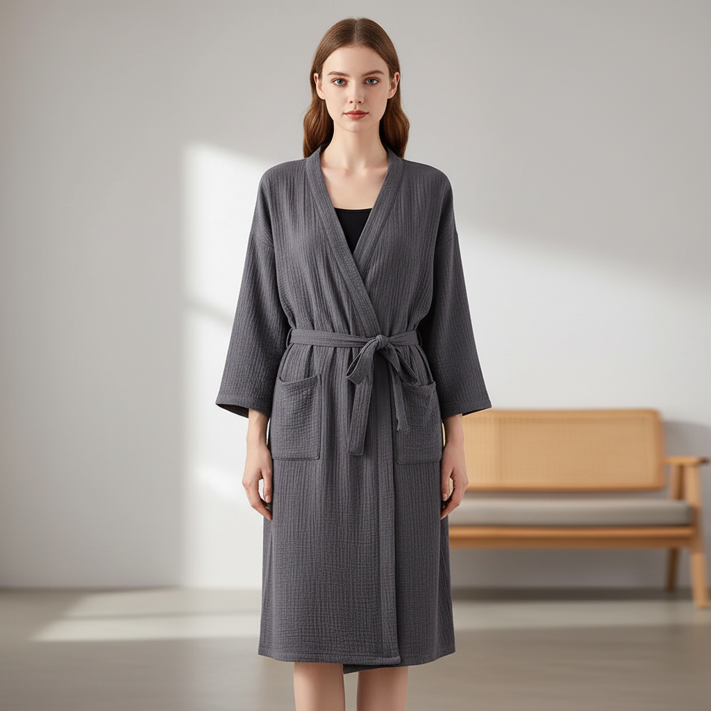 Leichter Kimono-Bademantel knielang mit Vordertaschen