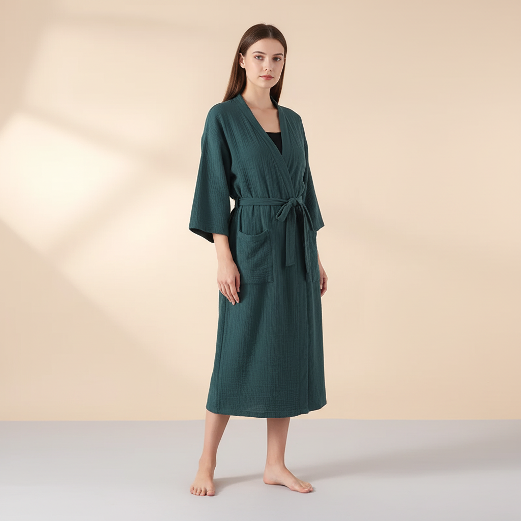 Leichter Kimono-Bademantel knielang mit Vordertaschen