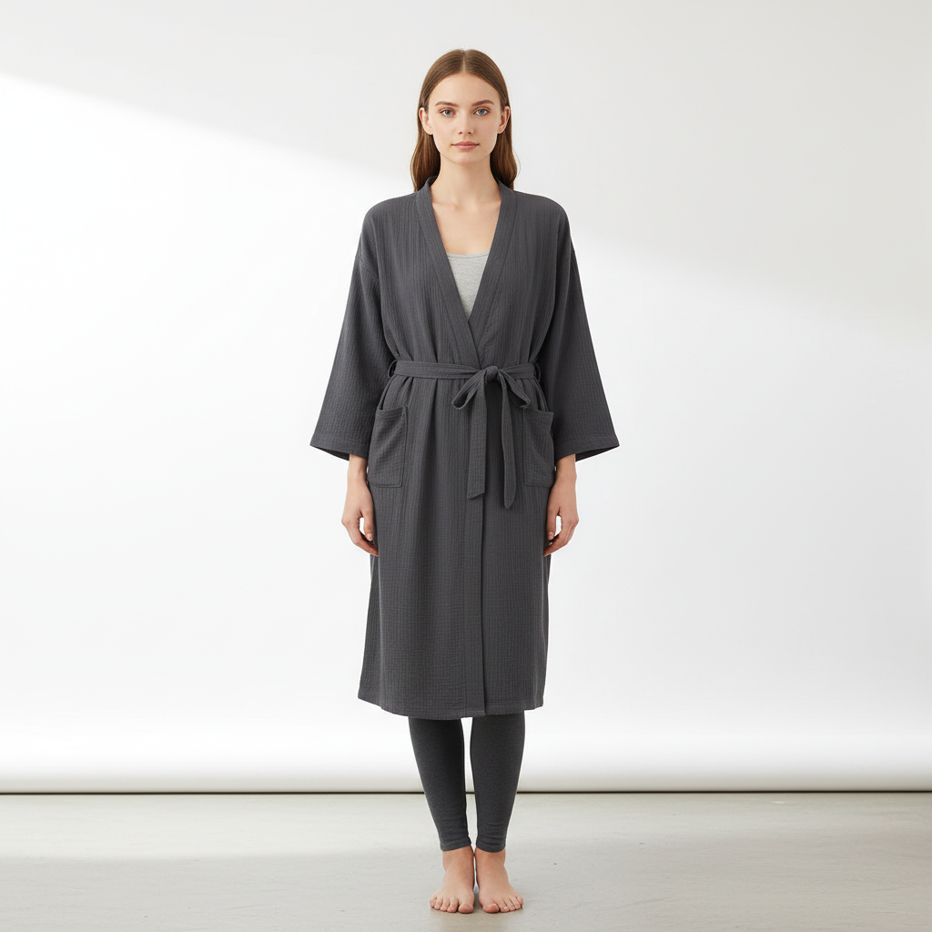 Leichter Kimono-Bademantel knielang mit Vordertaschen