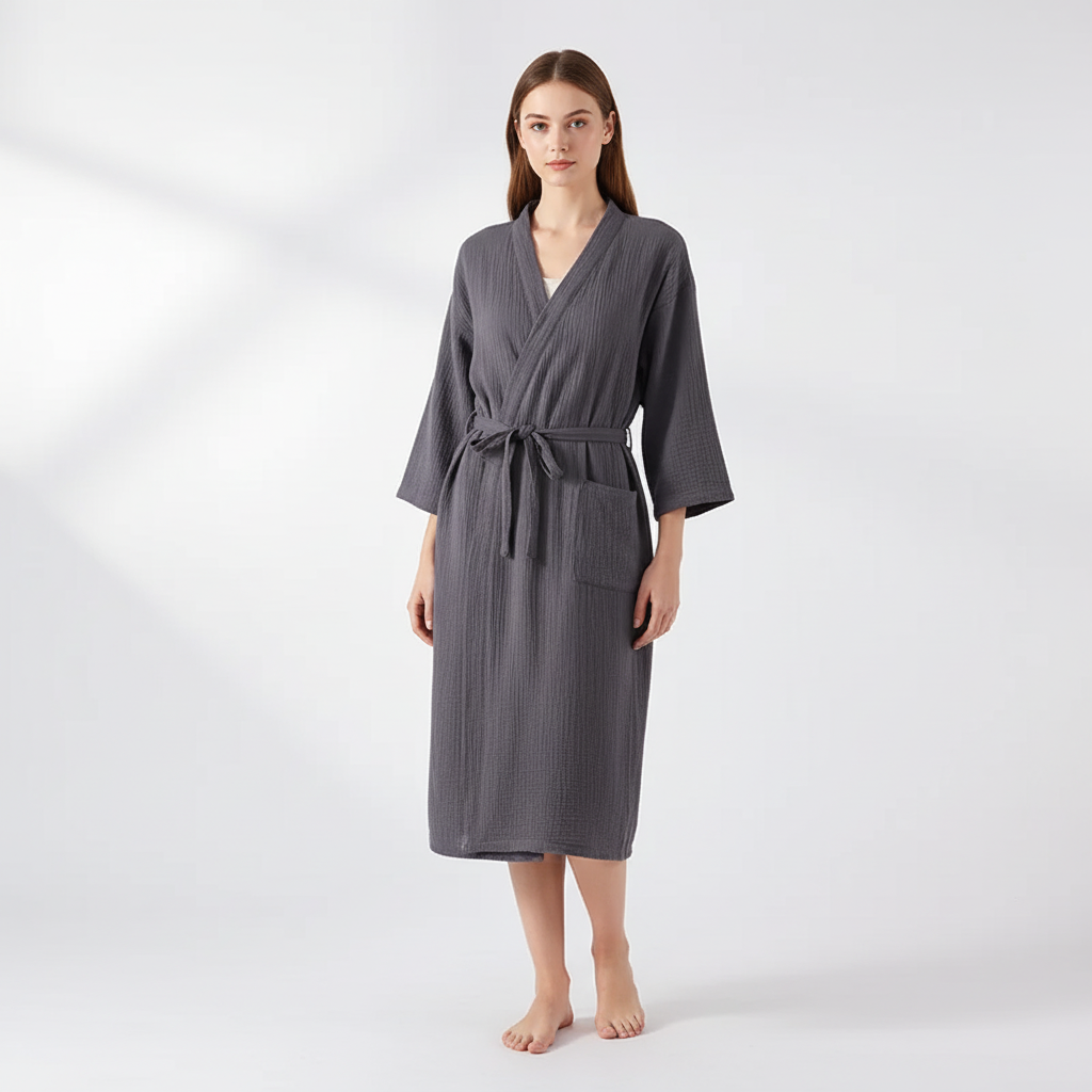 Leichter Kimono-Bademantel knielang mit Vordertaschen