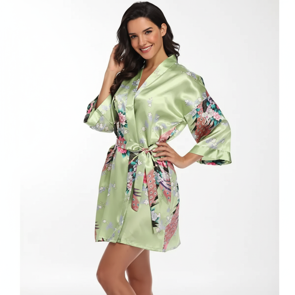 Kurzer Kimono-Bademantel mit Kran- und Blumendruck elegantes Braut-Design
