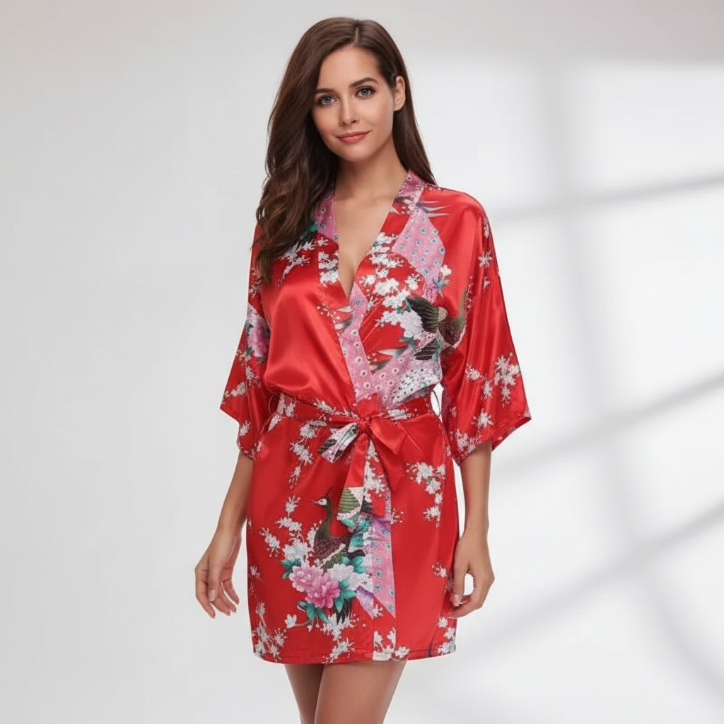 Kurzer Kimono-Bademantel mit Kran- und Blumendruck elegantes Braut-Design