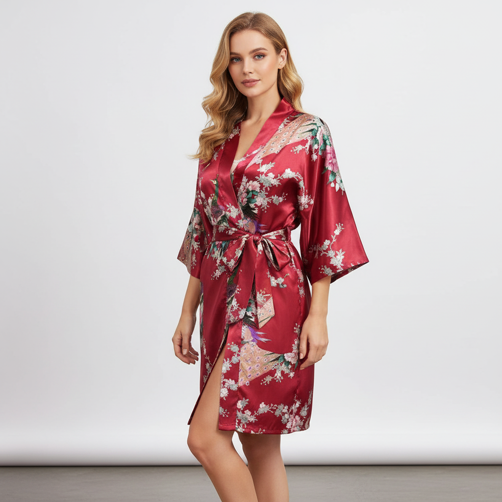 Kurzer Kimono-Bademantel mit Kran- und Blumendruck elegantes Braut-Design