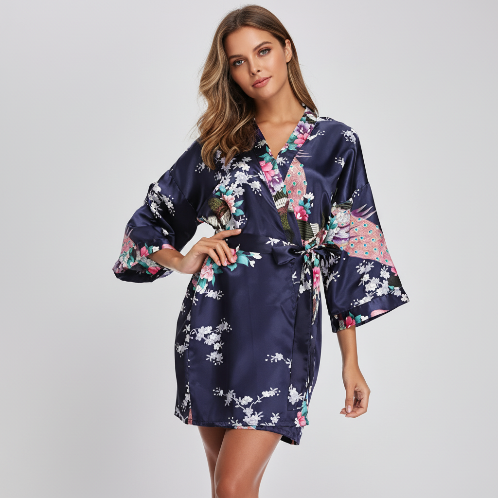Kurzer Kimono-Bademantel mit Kran- und Blumendruck elegantes Braut-Design