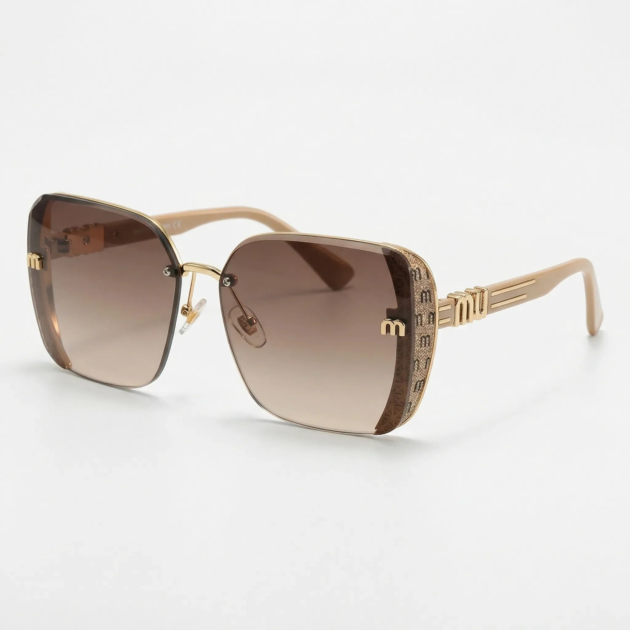 Randlose Oversize-Quadrat-Sonnenbrille mit UV400 Farbverlauf und Buchstaben-Detail