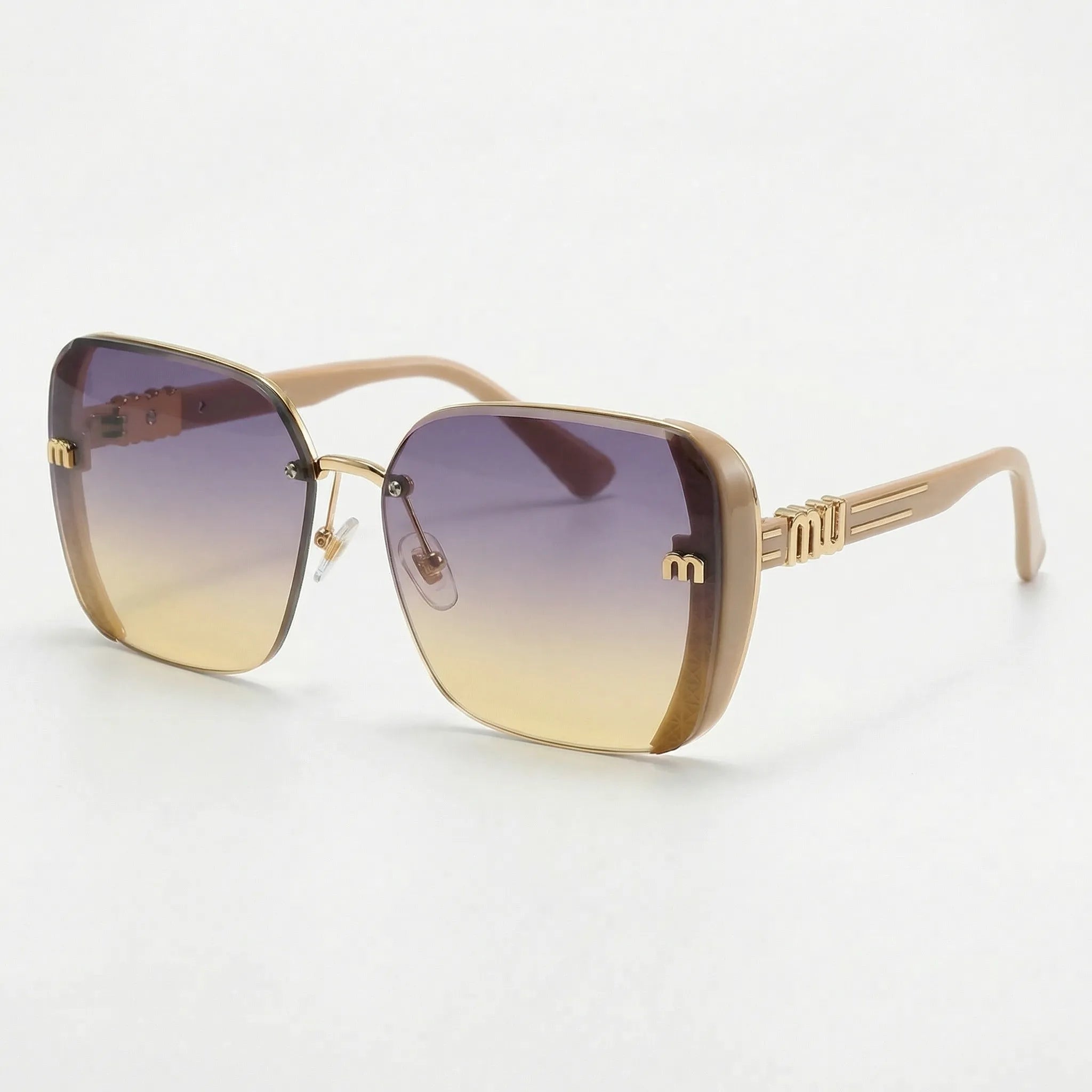 Randlose Oversize-Quadrat-Sonnenbrille mit UV400 Farbverlauf und Buchstaben-Detail
