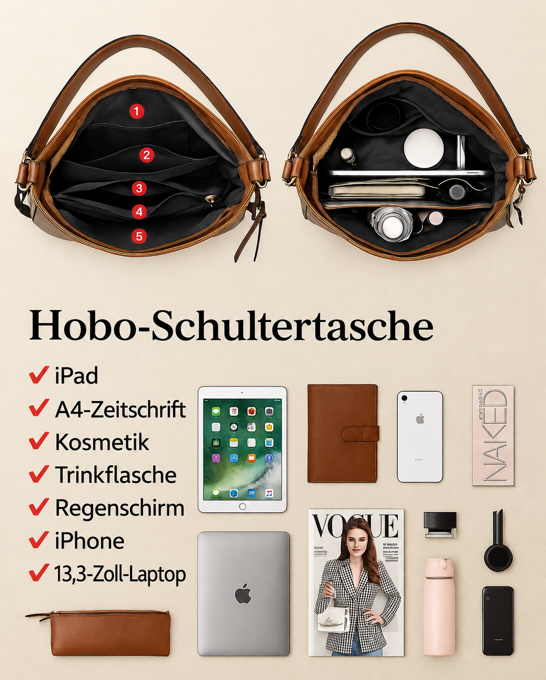 Nordspur | Luxuriöses Leder 3-teiliges Hobo-Taschen-Set