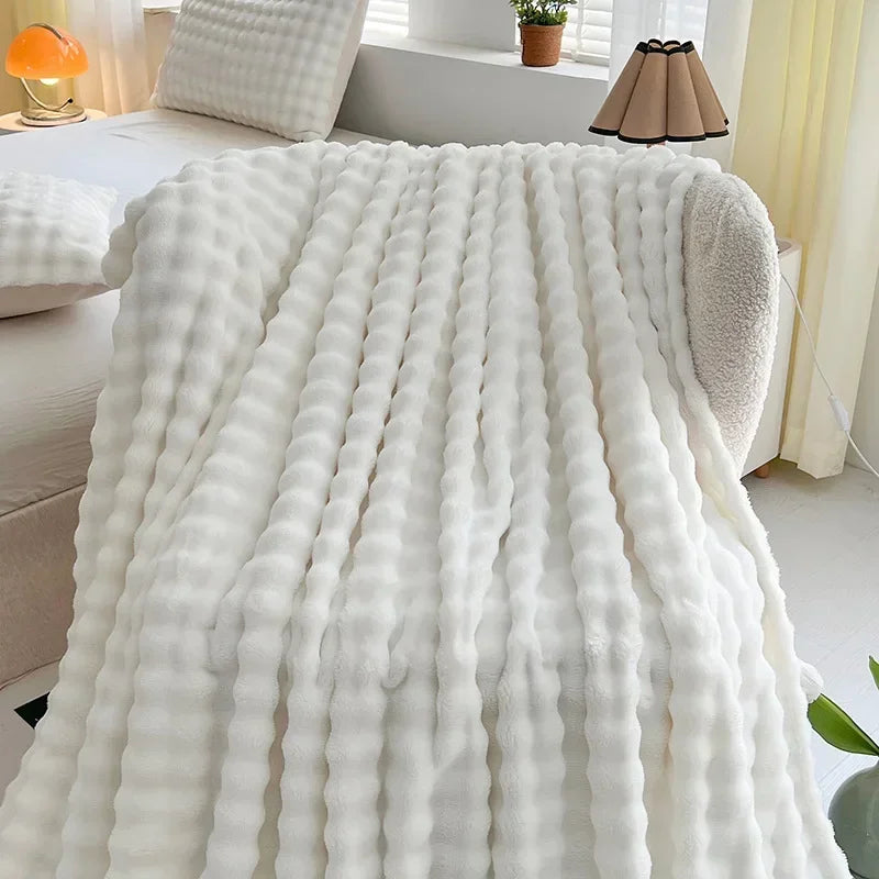Wurfdecke Sofa ultraweich grau gestreift flauschig Kaninchenfell-Look