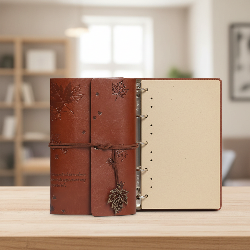 Vintage-Reisetagebuch mit abnehmbarem Spiralbinder und klaren Taschen