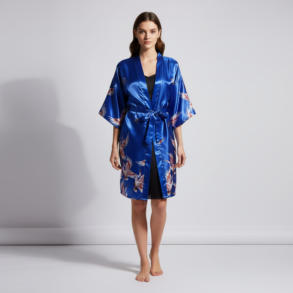 Kurzer Kimono-Morgenmantel Blumenmuster elegant seidenartig