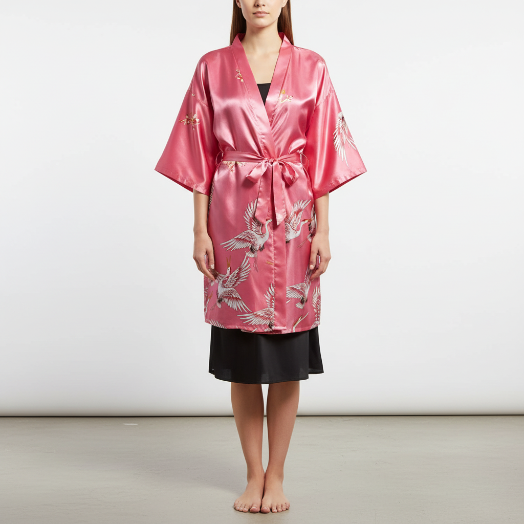 Kurzer Kimono-Morgenmantel Blumenmuster elegant seidenartig