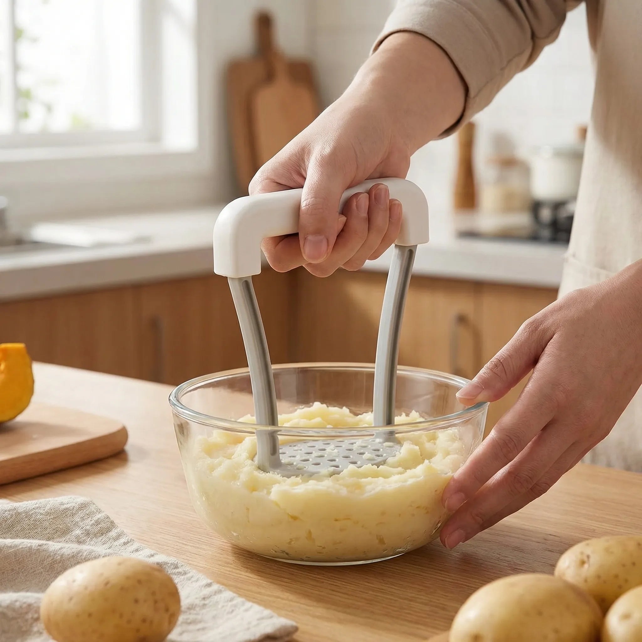 Kartoffelpresse mit rutschfestem Griff und gelöcherter Pressplatte