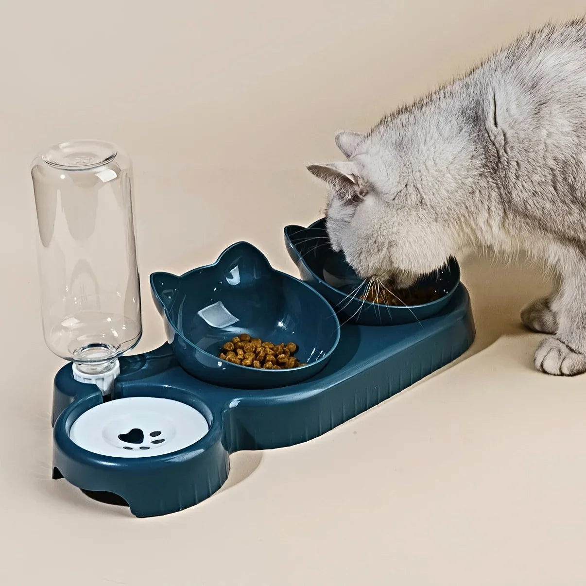 3-in-1 Katzennapf-Set mit geneigten Futternäpfen und automatischem Wasserspender
