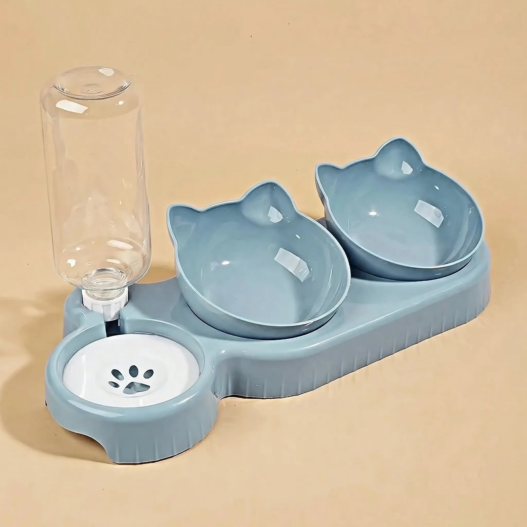 3-in-1 Katzennapf-Set mit geneigten Futternäpfen und automatischem Wasserspender