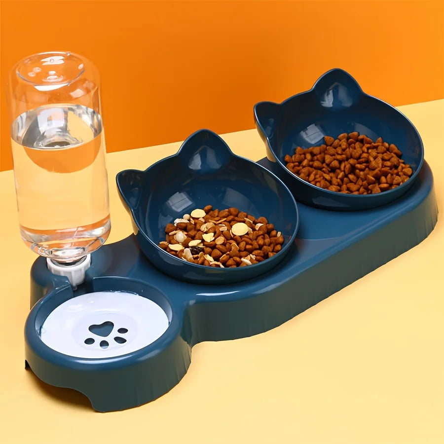 3-in-1 Katzennapf-Set mit geneigten Futternäpfen und automatischem Wasserspender