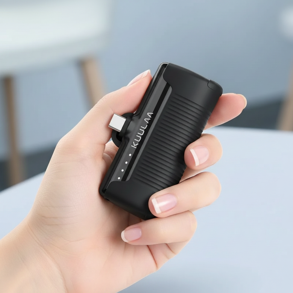 Kompakte 4500mAh Powerbank mit USB-C Anschluss und integriertem Stecker