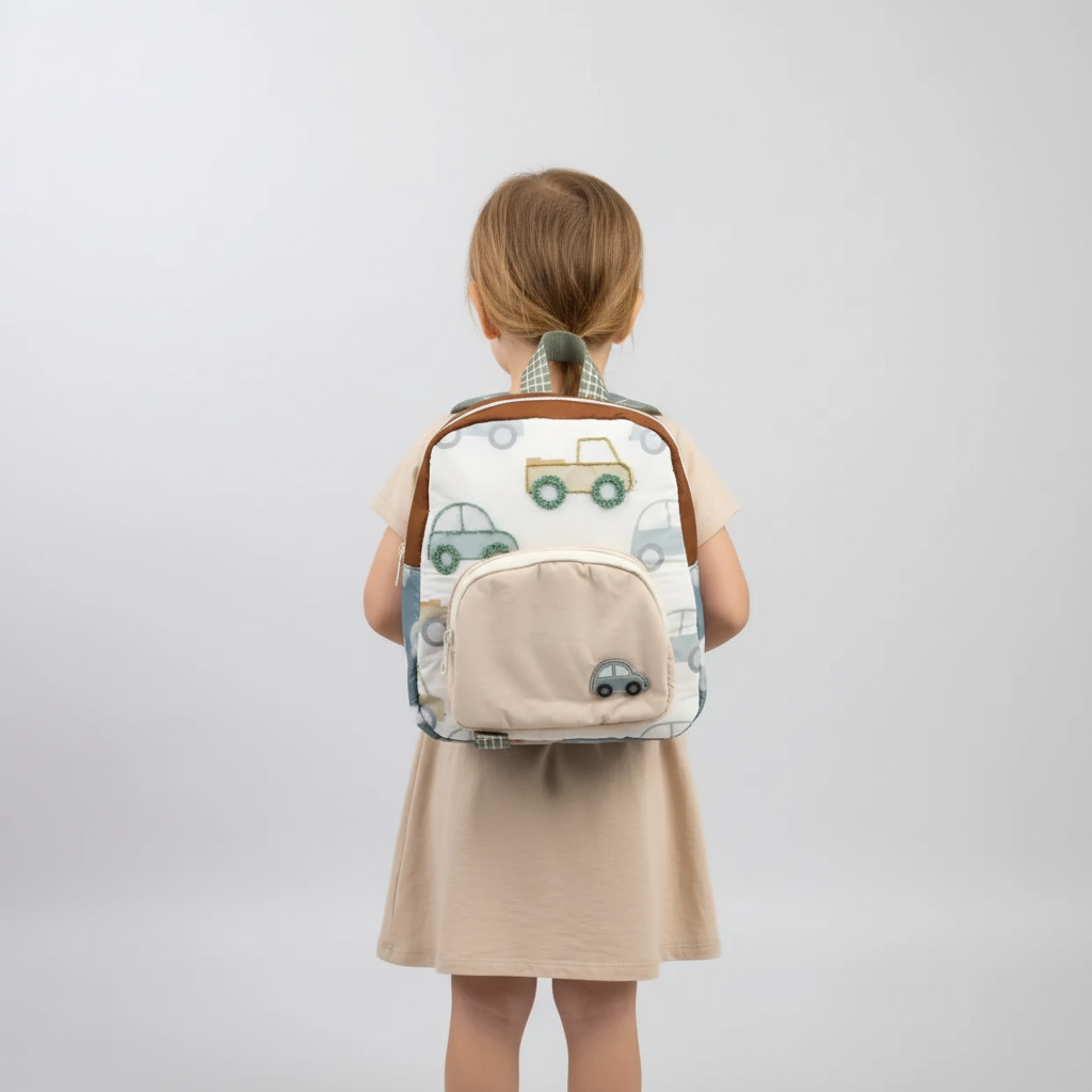 Leichter Canvas-Kinderrucksack mit gepolsterten Schultergurten und Auto-Motiv