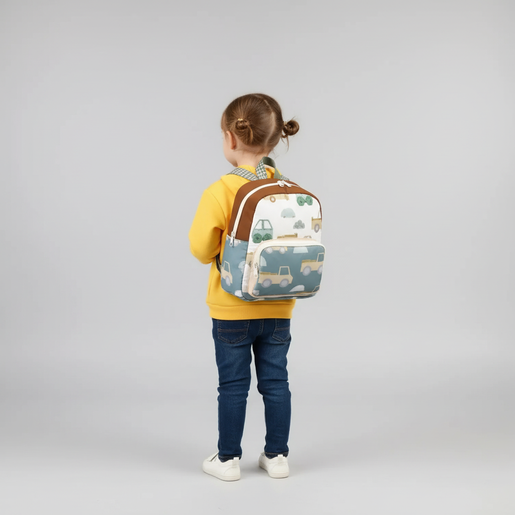 Leichter Canvas-Kinderrucksack mit gepolsterten Schultergurten und Auto-Motiv