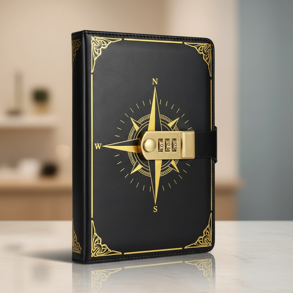 A5 Notizbuch mit Kompass-Design Zahlenschloss rutschfeste Seiten