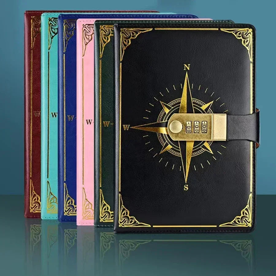 A5 Notizbuch mit Kompass-Design Zahlenschloss rutschfeste Seiten