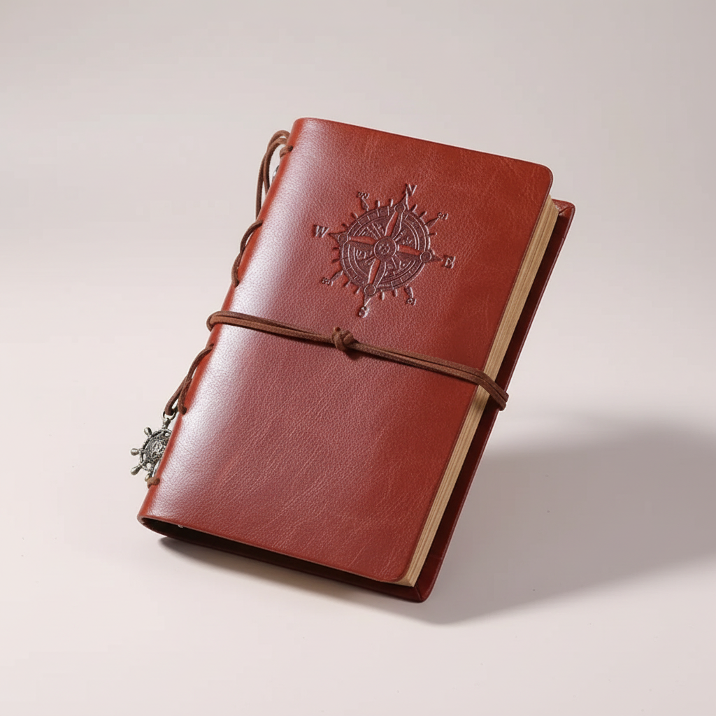 Vintage Reisetagebuch nachfüllbar kompakt mit geprägtem Kompass-Design