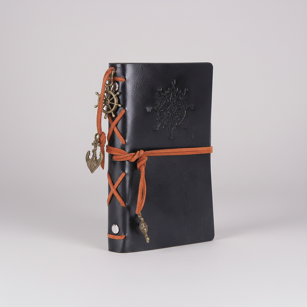 Vintage Reisetagebuch nachfüllbar kompakt mit geprägtem Kompass-Design