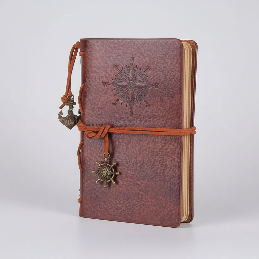 Vintage Reisetagebuch nachfüllbar kompakt mit geprägtem Kompass-Design