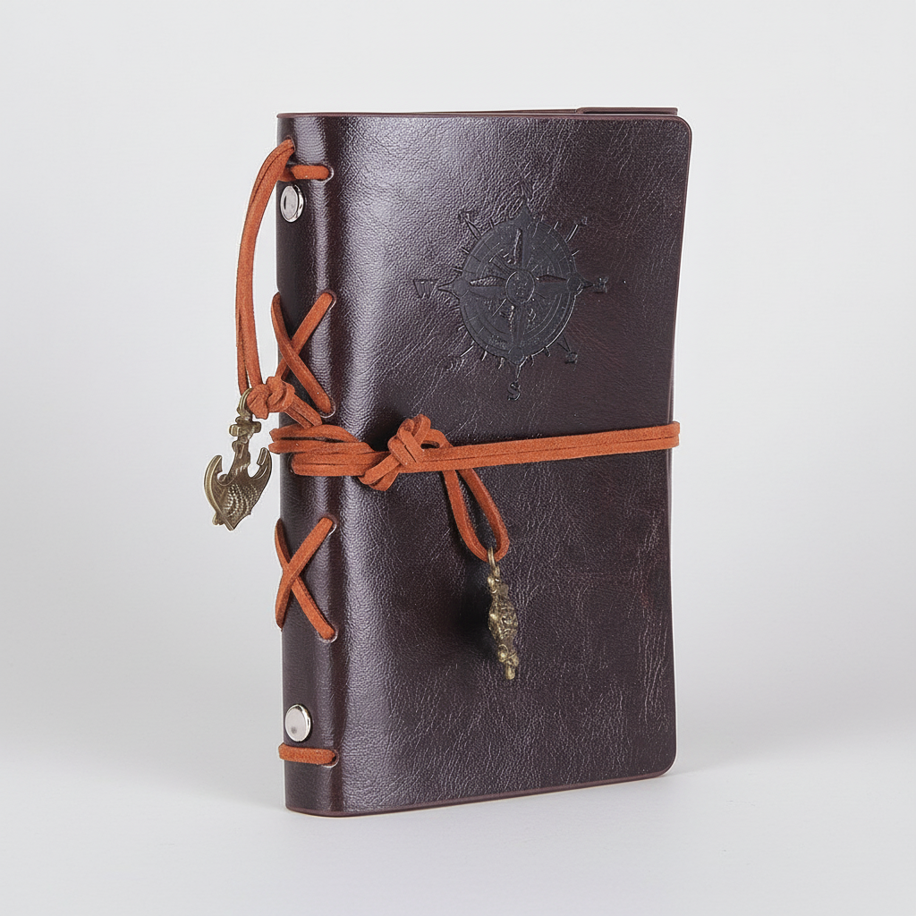 Vintage Reisetagebuch nachfüllbar kompakt mit geprägtem Kompass-Design