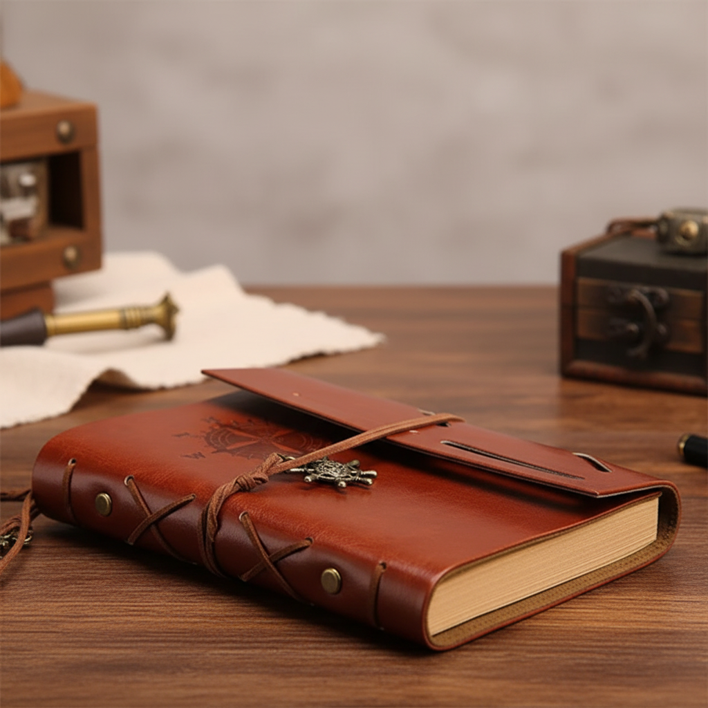 Vintage Reisetagebuch nachfüllbar kompakt mit geprägtem Kompass-Design