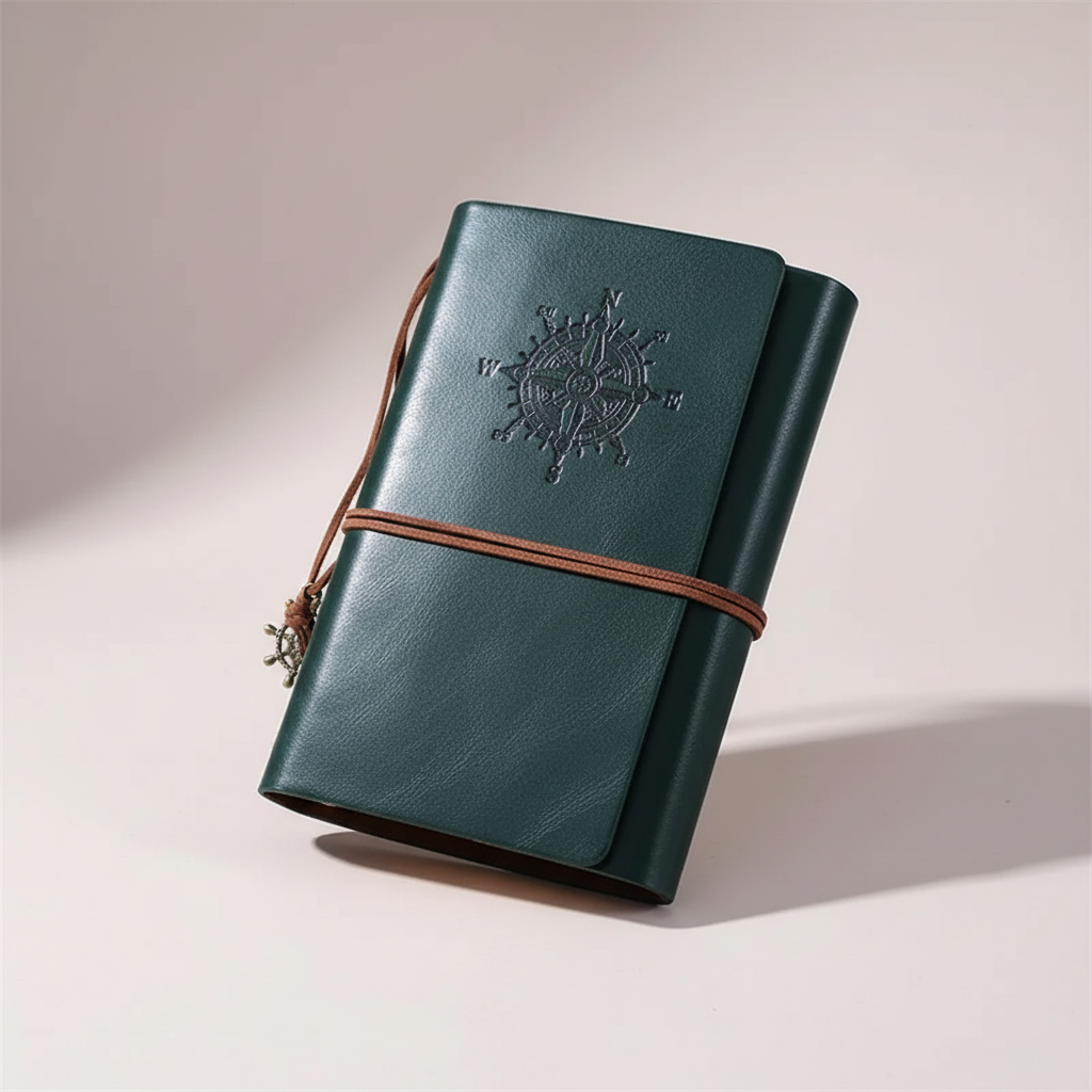 Vintage Reisetagebuch nachfüllbar kompakt mit geprägtem Kompass-Design