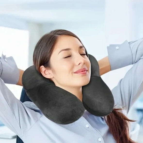 Aufblasbares Reise-Nackenkissen ergonomisch mit weichem Samtstoff und Schlafmaske