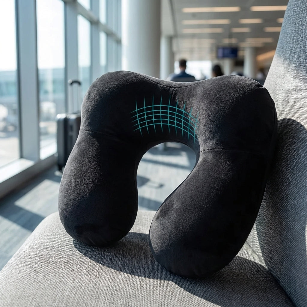 Aufblasbares Reise-Nackenkissen ergonomisch mit weichem Samtstoff und Schlafmaske