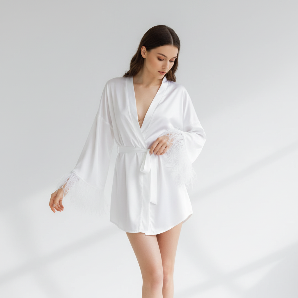 Kurzer Wickelbademantel federbesetzt eleganter Luxus-Look