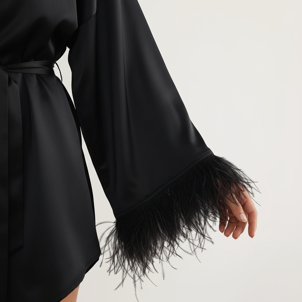 Kurzer Wickelbademantel federbesetzt eleganter Luxus-Look