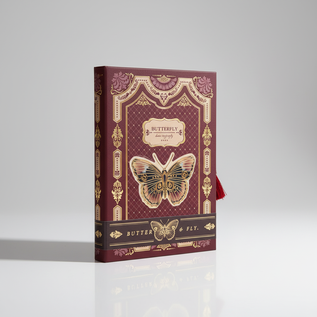 Hardcover-Notizbuch mit Schmetterlingsillustration und metallischen Akzenten