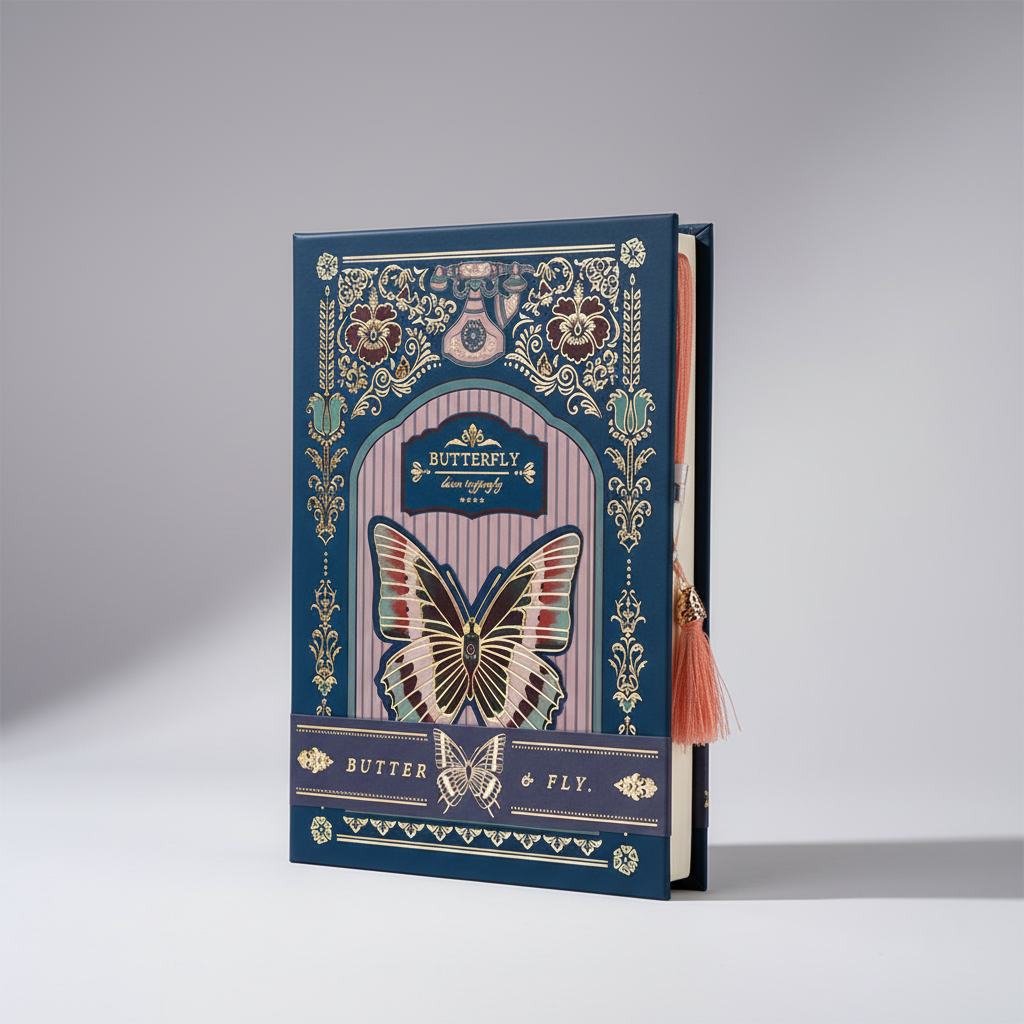 Hardcover-Notizbuch mit Schmetterlingsillustration und metallischen Akzenten