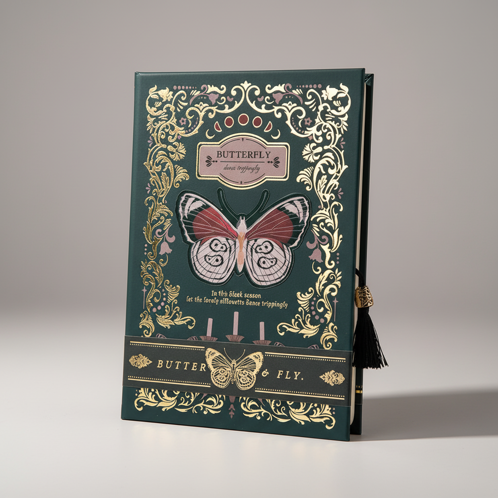 Hardcover-Notizbuch mit Schmetterlingsillustration und metallischen Akzenten
